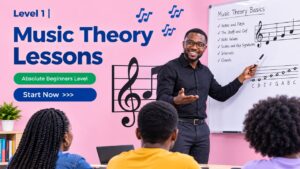 Instructor pointing to sheet music with notes for the beginner music theory course.