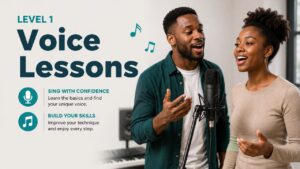 A vocal coach guiding a classroom of adult students through deep-breathing and vocal warm-up exercises at the studio for the intensive voice course.